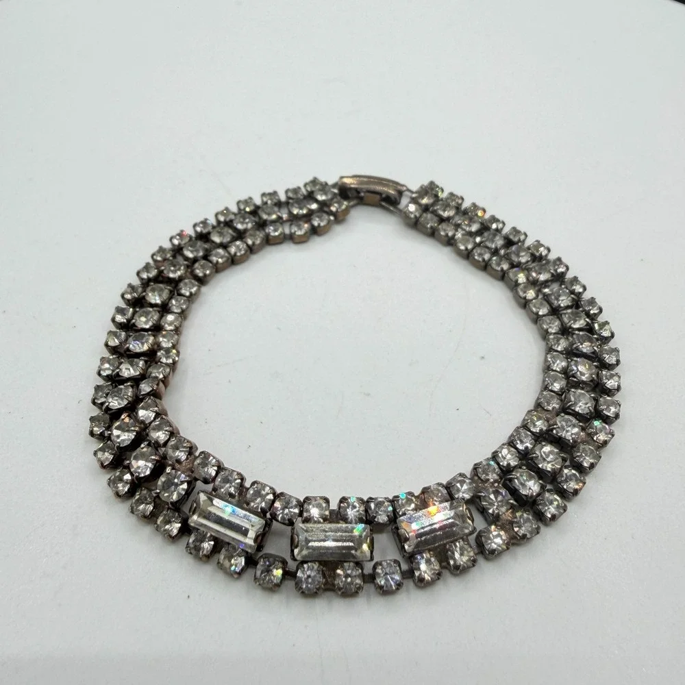 Clear Rhinestone Silver Tone Multi Row Bracelet Baguette Statement Bridal Gift